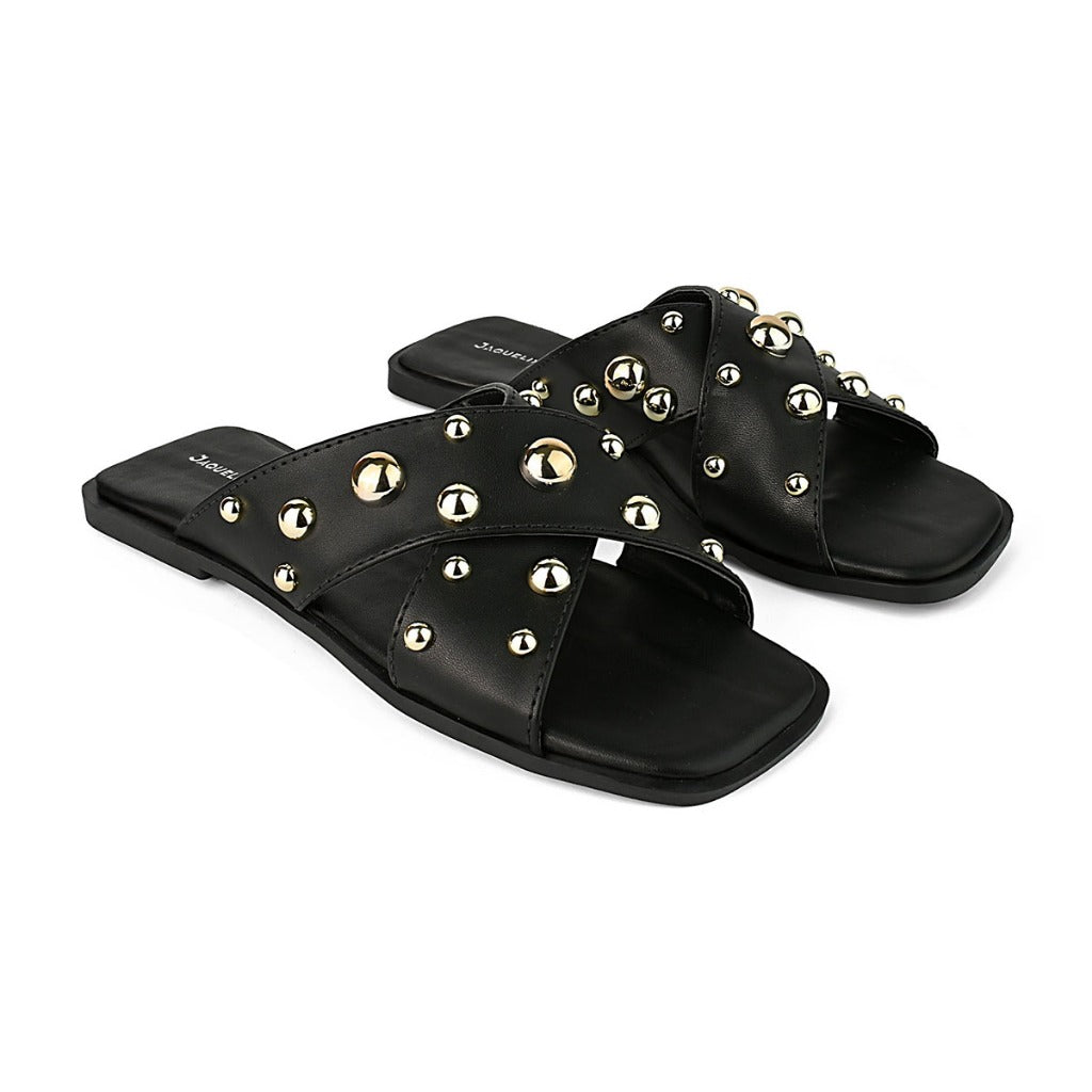 Sandalia Rasteira Flat Confortavel Moderna Enfeite Bottons Casual Dia a Dia Hope Shoes