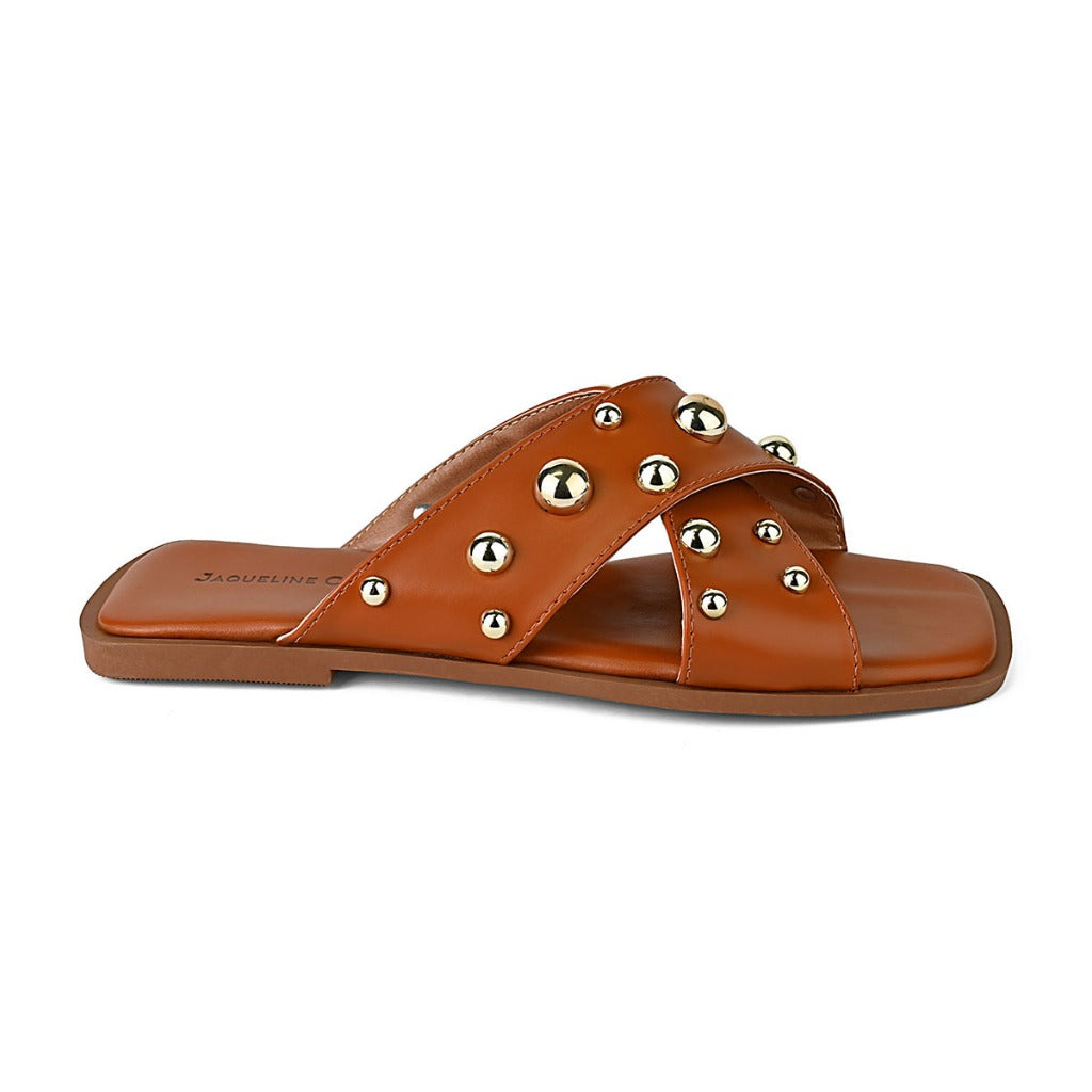 Sandalia Rasteira Flat Confortavel Moderna Enfeite Bottons Casual Dia a Dia Hope Shoes