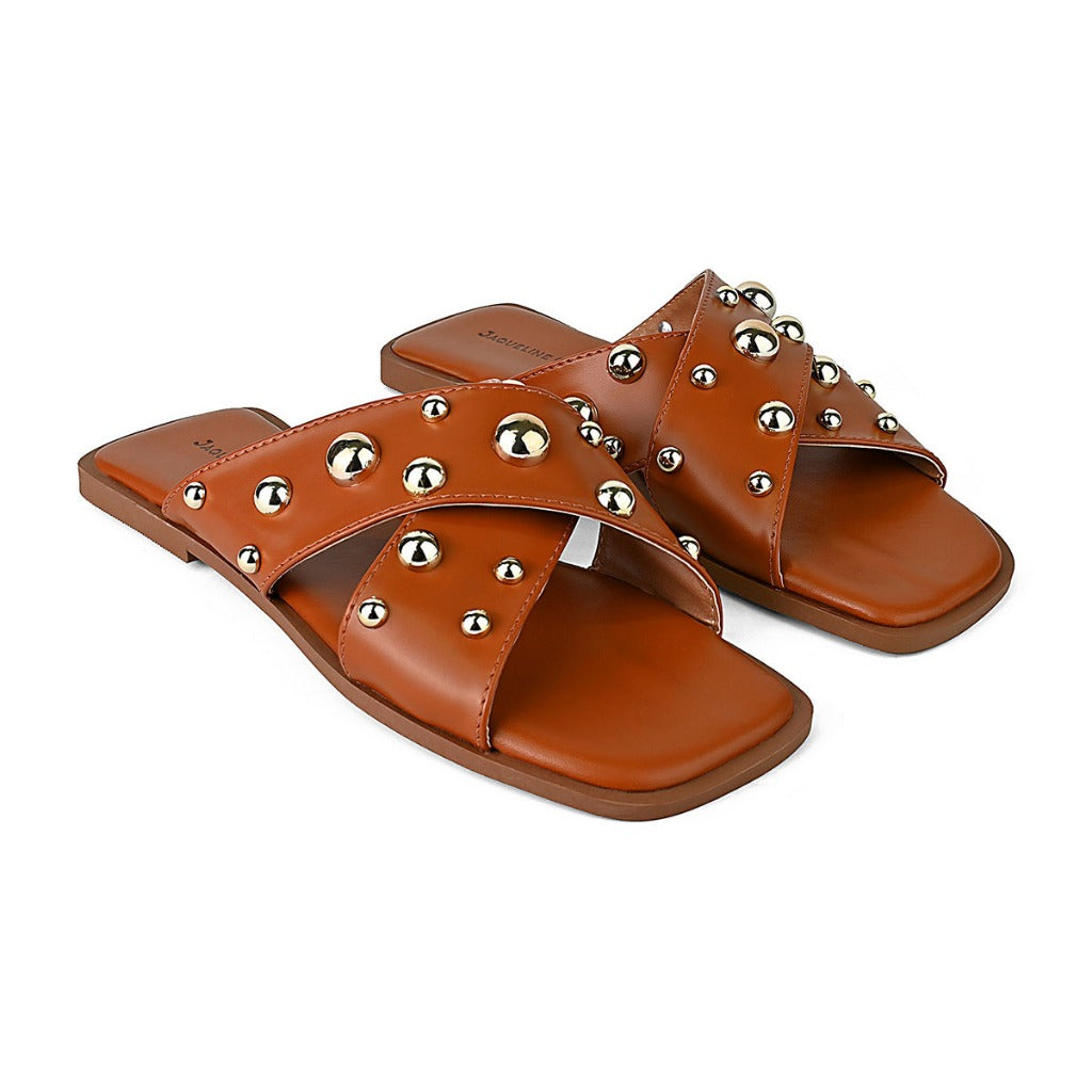 Sandalia Rasteira Flat Confortavel Moderna Enfeite Bottons Casual Dia a Dia Hope Shoes