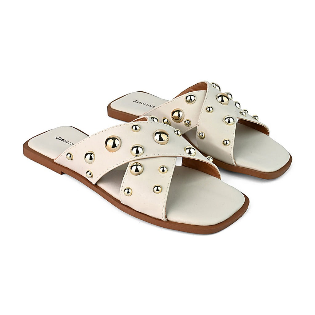 Sandalia Rasteira Flat Confortavel Moderna Enfeite Bottons Casual Dia a Dia Hope Shoes