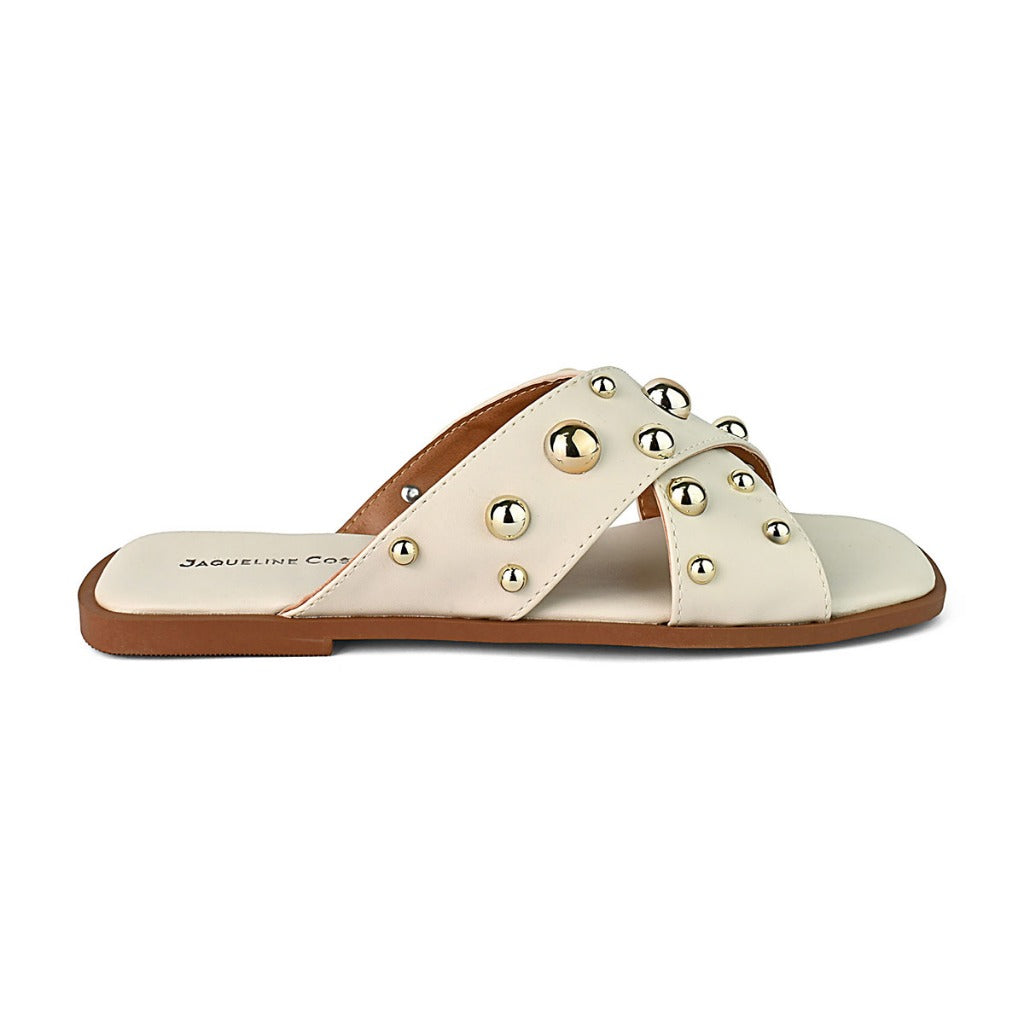 Sandalia Rasteira Flat Confortavel Moderna Enfeite Bottons Casual Dia a Dia Hope Shoes